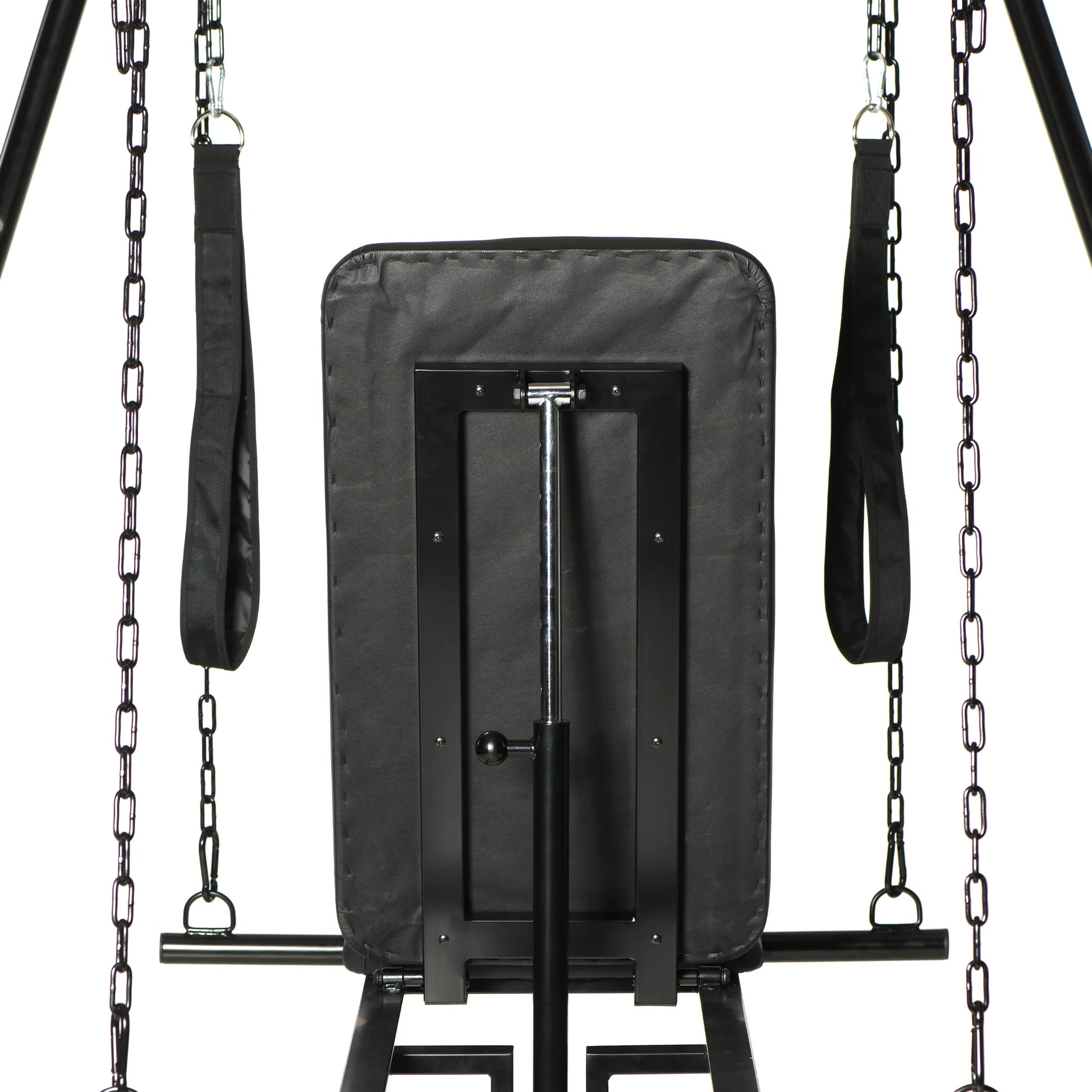 The back of the backrest on the seat. It shows the leverage system it uses to raise and lower the back rest. It looks like the same system you'd use to adjust the equipment height at your local gym. | Kinkly Shop
