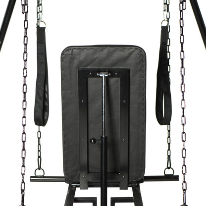 The back of the backrest on the seat. It shows the leverage system it uses to raise and lower the back rest. It looks like the same system you'd use to adjust the equipment height at your local gym. | Kinkly Shop