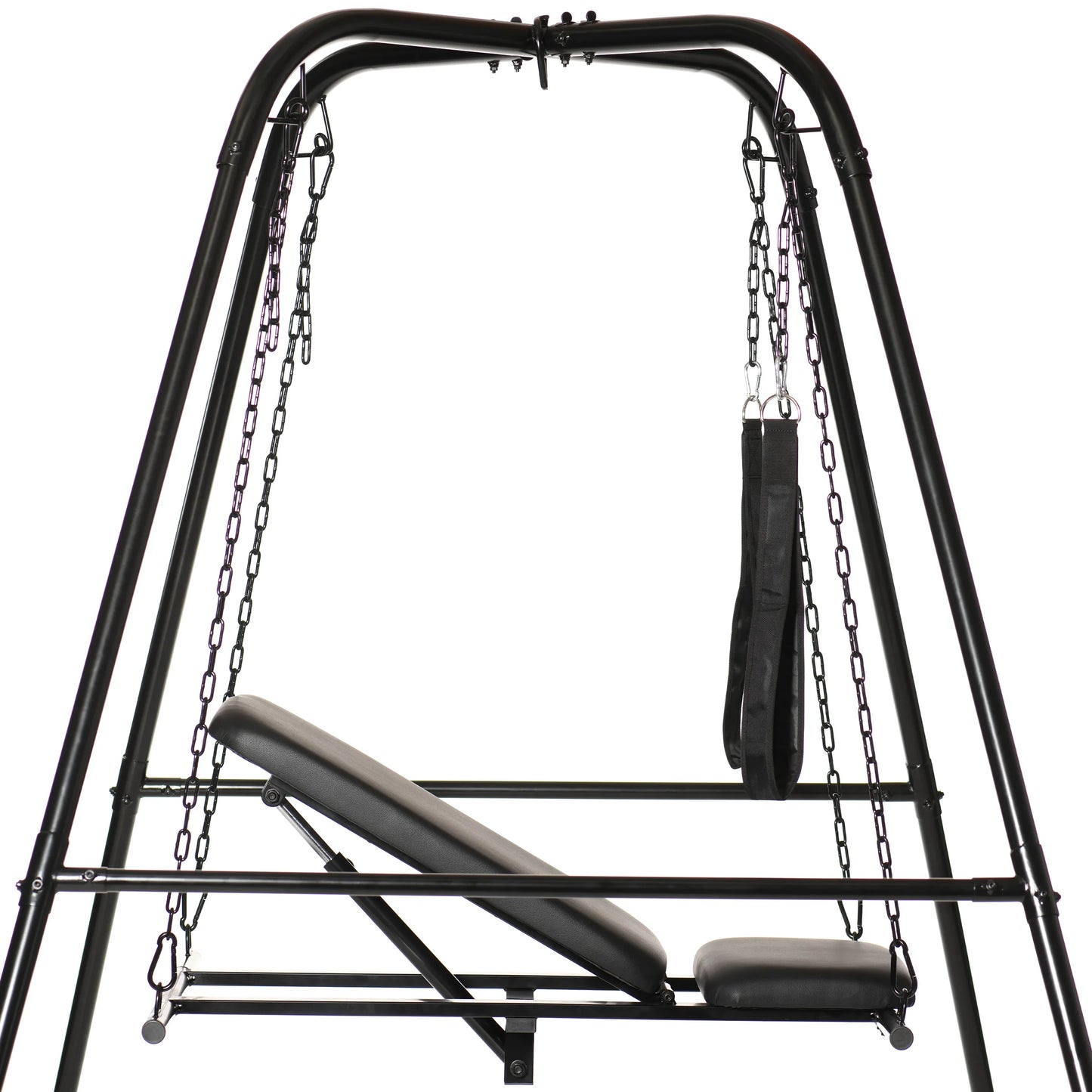 Close-up of the Throne Adjustable Sex Sling with the seat hanging. The chains look very sturdy. There are four outer posts to add stability. | Kinkly Shop