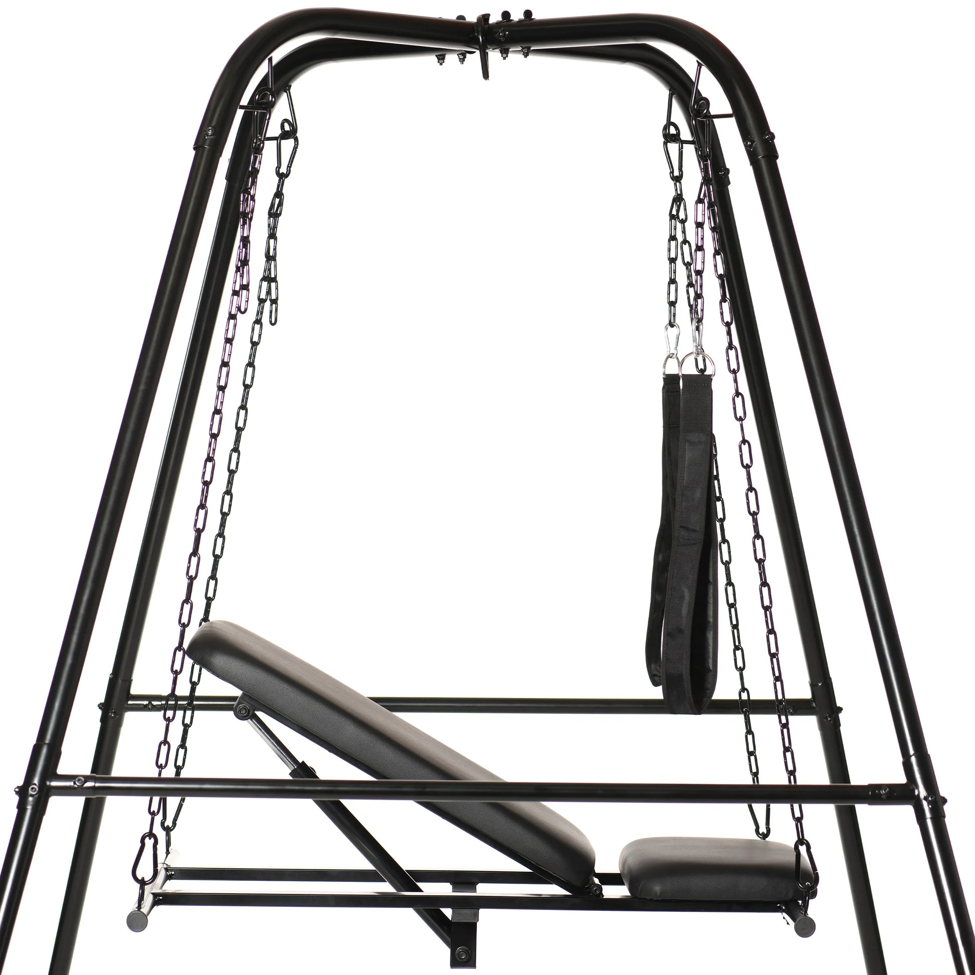 Close-up of the Throne Adjustable Sex Sling with the seat hanging. The chains look very sturdy. There are four outer posts to add stability. | Kinkly Shop