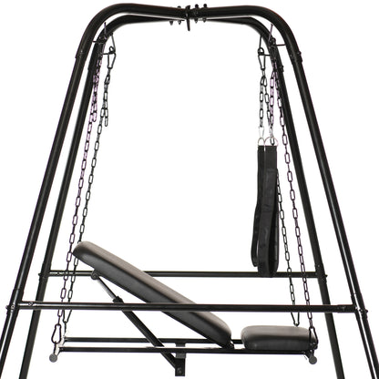Close-up of the Throne Adjustable Sex Sling with the seat hanging. The chains look very sturdy. There are four outer posts to add stability. | Kinkly Shop