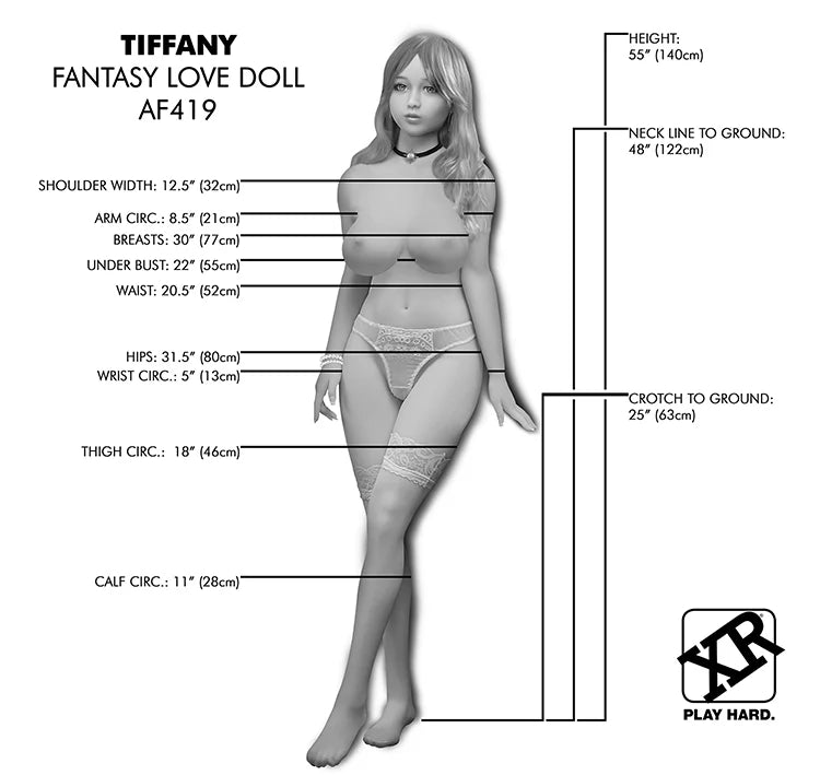 A black and white outline of the Tiffany Ultra Premium Love Doll with measurements written out on each part of the doll's body. All measurements are included within the product description text. | Kinkly Shop