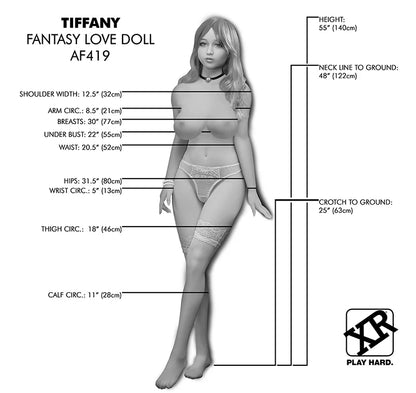 A black and white outline of the Tiffany Ultra Premium Love Doll with measurements written out on each part of the doll's body. All measurements are included within the product description text. | Kinkly Shop
