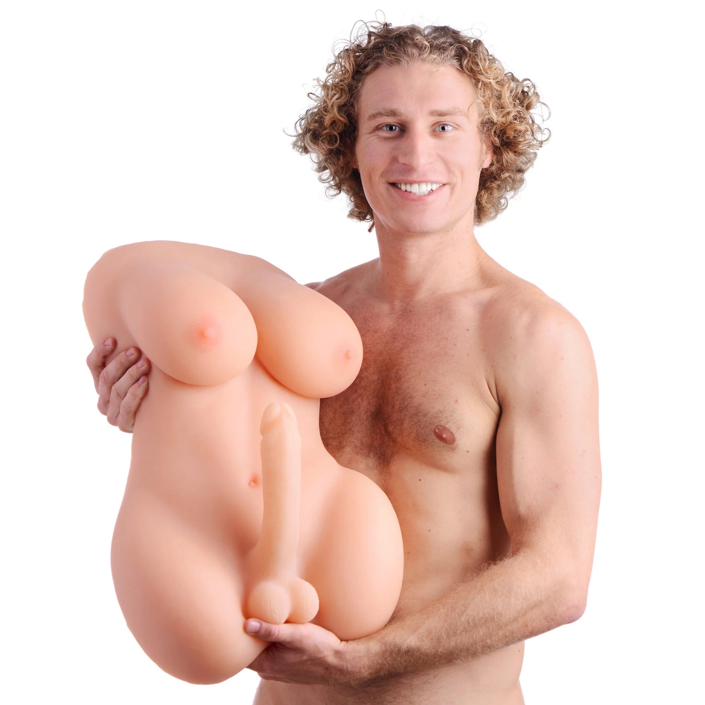 A shirtless person is holding the Transgender Terri Love Doll, looking into the camera. The doll is smaller than the person's torso but not by much. It's about 3/4ths scale to the person. | Kinkly Shop
