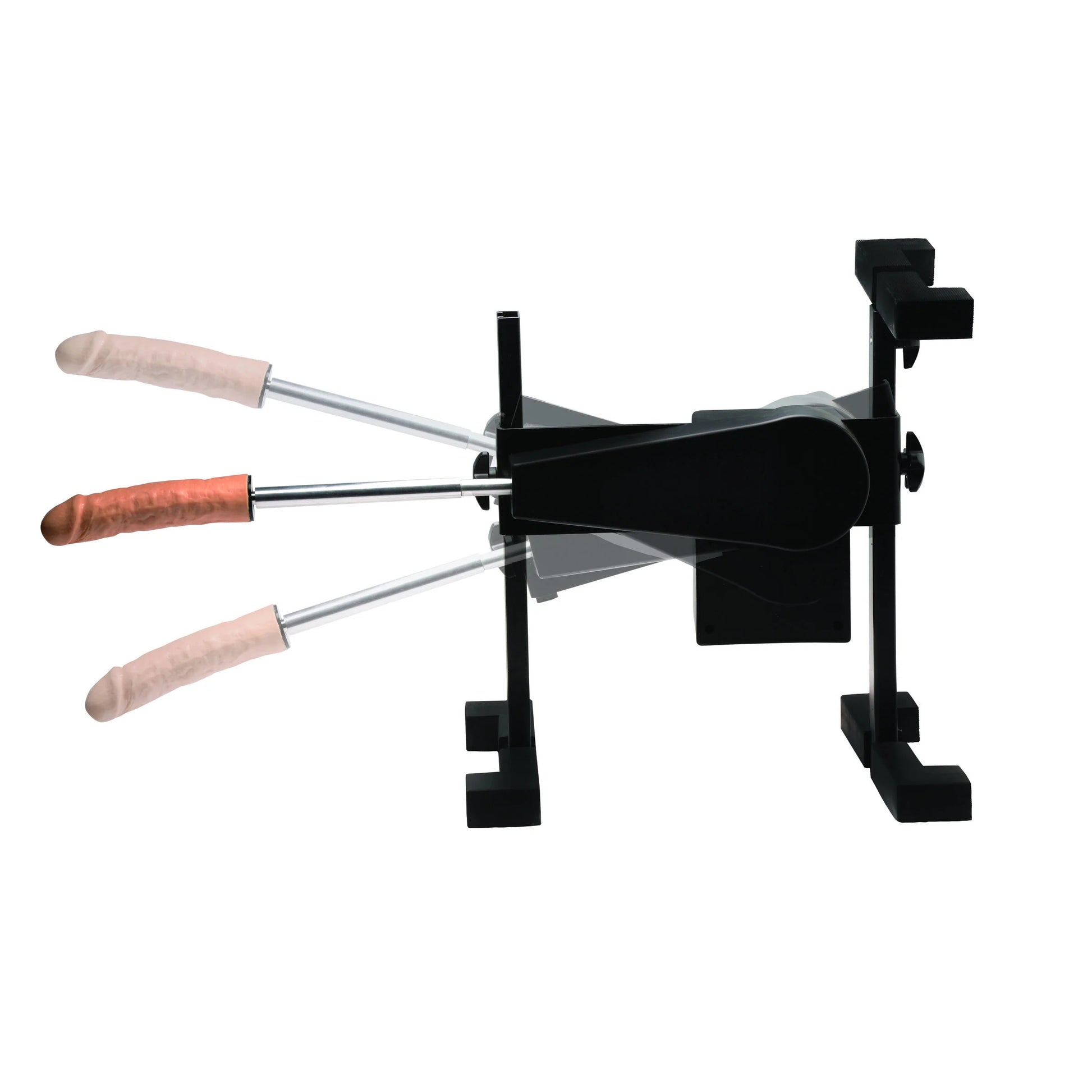 Versa Fük Machine with multiple images superimposed over the primary one, showcasing how the machine can tilt upwards and downwards to achieve different thrusting angles. | Kinkly Shop