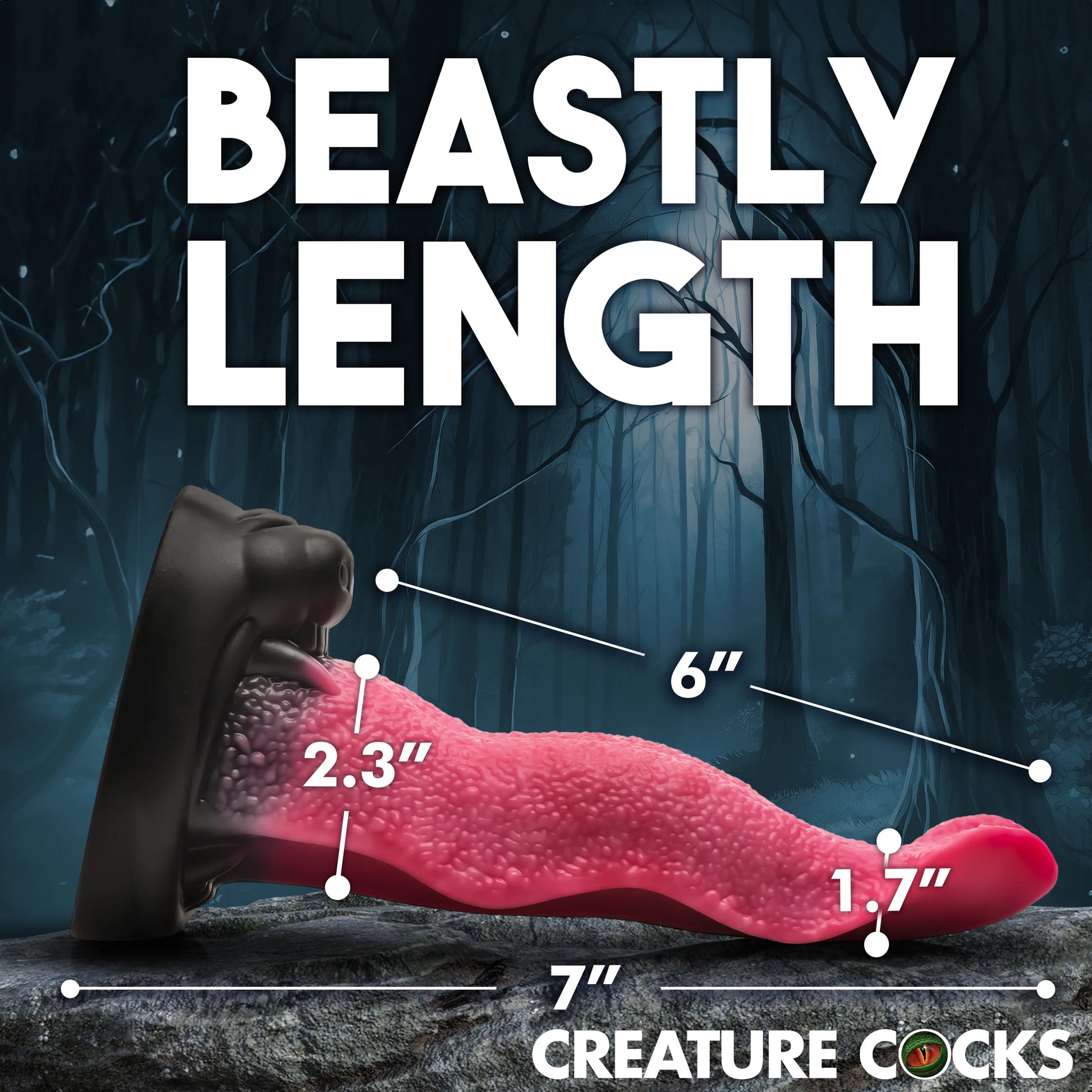 The Creature Cocks Wolf's Lick shown with measurements on top of it, showcasing the various measurements of the toy. All measurements can be found within the text product description. | Kinkly Shop