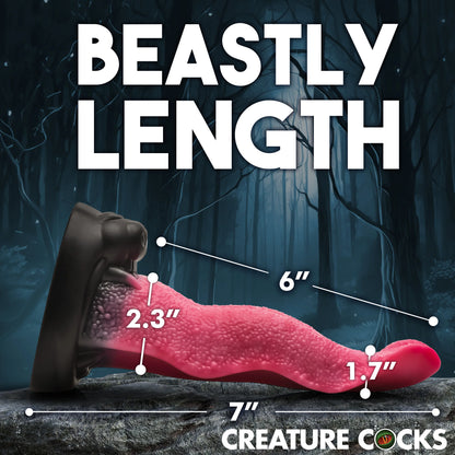 The Creature Cocks Wolf's Lick shown with measurements on top of it, showcasing the various measurements of the toy. All measurements can be found within the text product description. | Kinkly Shop