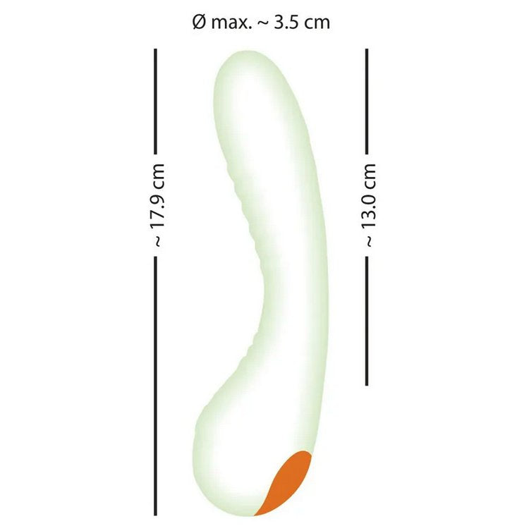 A picture of the You2Toys Glow-in-the-Dark G-Spot with measurements of the toy superimposed overtop of the toy. All measurements are listed within the text of the product description. | Kinkly Shop