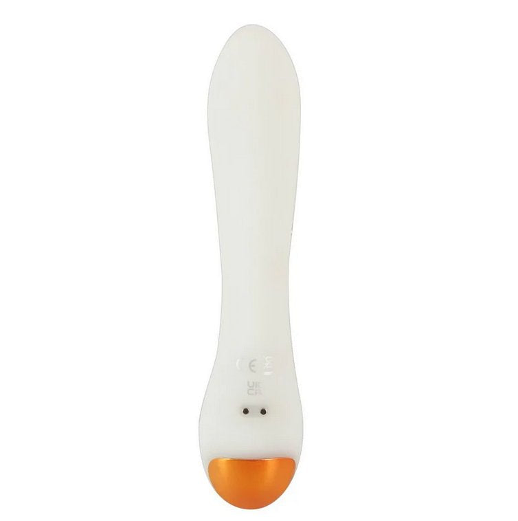 Backside of the You2Toys Glow-in-the-Dark G-Spot. This showcases the two metal connection points at the base of the sex toy. This is where the charging cable connects. | Kinkly Shop