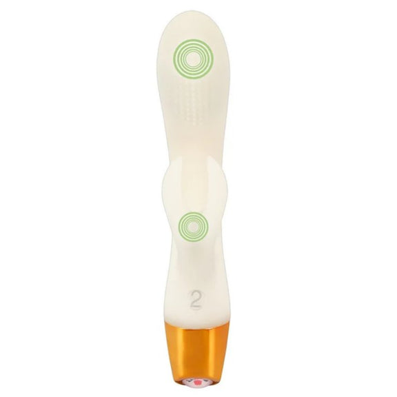 Illustrations show where the two motors are located within the You2Toys Glow-in-the-Dark Rabbit. One is in the tip of the insertable shaft and the other is in the clitoral arm. | Kinkly Shop