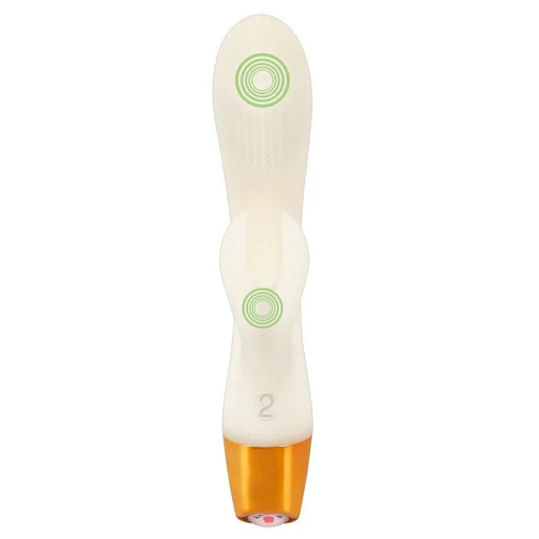 Illustrations show where the two motors are located within the You2Toys Glow-in-the-Dark Rabbit. One is in the tip of the insertable shaft and the other is in the clitoral arm. | Kinkly Shop
