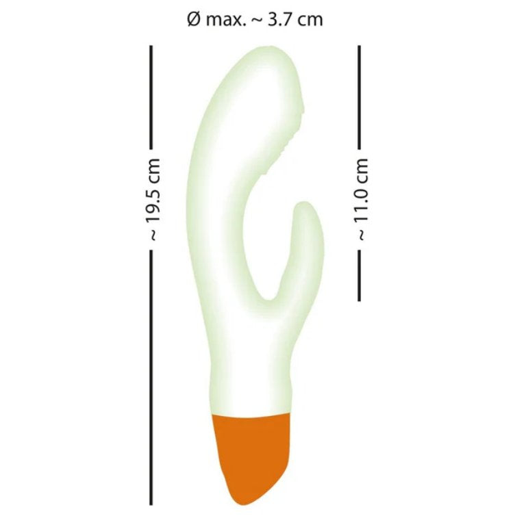 The You2Toys Glow-in-the-Dark Rabbit with measurements superiposed overtop of the vibrator. All measurements are listed within the product description text itself. | Kinkly Shop