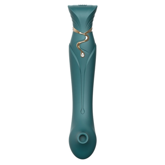 Front view of the ZALO Queen in Jewel Green with the air suction tip sleeve slid on top of the vibrator itself. It looks like it's easy to grip, and the air tip looks like it would easily surround a clitoris. | Kinkly Shop