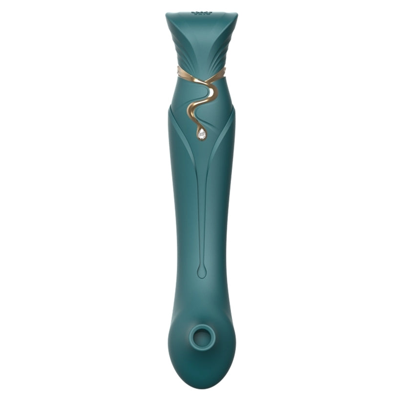 Front view of the ZALO Queen in Jewel Green with the air suction tip sleeve slid on top of the vibrator itself. It looks like it's easy to grip, and the air tip looks like it would easily surround a clitoris. | Kinkly Shop