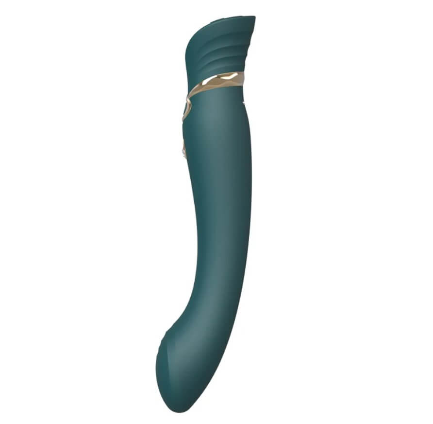 Side view of the ZALO Queen in Jewel Green. It has a decently curved tip that will allow the vibrator to nestle up against a deep g-spot behind the pubic bone. | Kinkly Shop