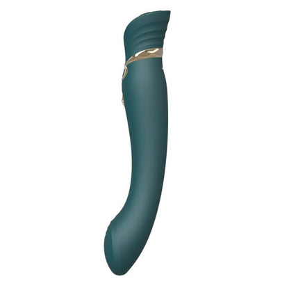Side view of the ZALO Queen in Jewel Green. It has a decently curved tip that will allow the vibrator to nestle up against a deep g-spot behind the pubic bone. | Kinkly Shop