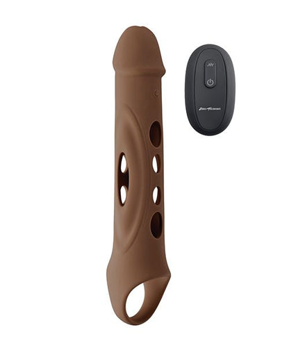 The Evolved Big Shaft Extender in Espresso with the remote control right next to it. The remote control is about 1/3rd of the total length of the extender itself. | Kinkly Shop