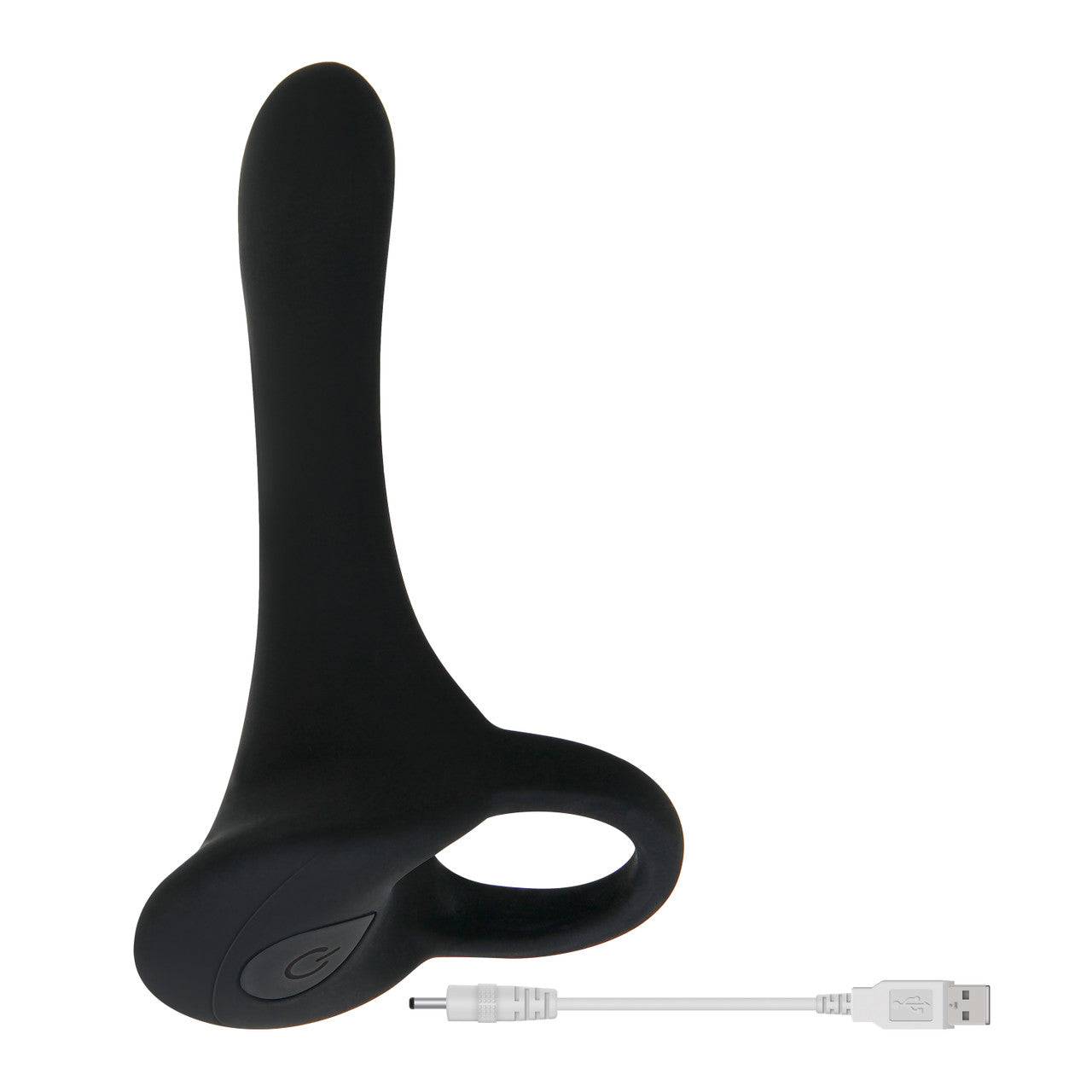 The Zero Tolerance Cock Armor vibrator sitting upright. The charging cable - which has a plug-in port on one side and a USB port on the other - is sitting next to it. | Kinkly Shop
