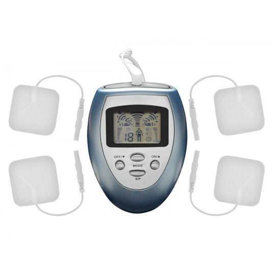 The Zeus Palm e-Stim Powerbox shown with the four electrodes that it comes with. The electrodes can be plugged into the powerbox. The powerbox has 4 buttons and a visual display. | Kinkly Shop