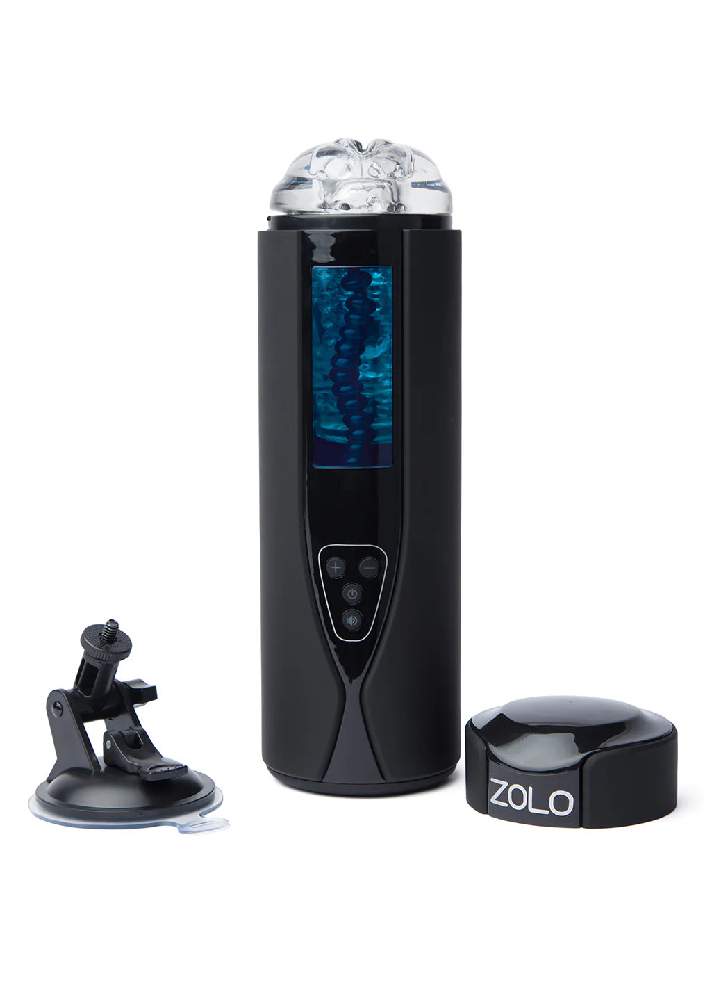 The ZOLO Tornado shown with the translucent panel facing towards the camera. The stroker has a pop-off cap and the unscrewed suction cup base that are also sitting out next to the stroker. | Kinkly