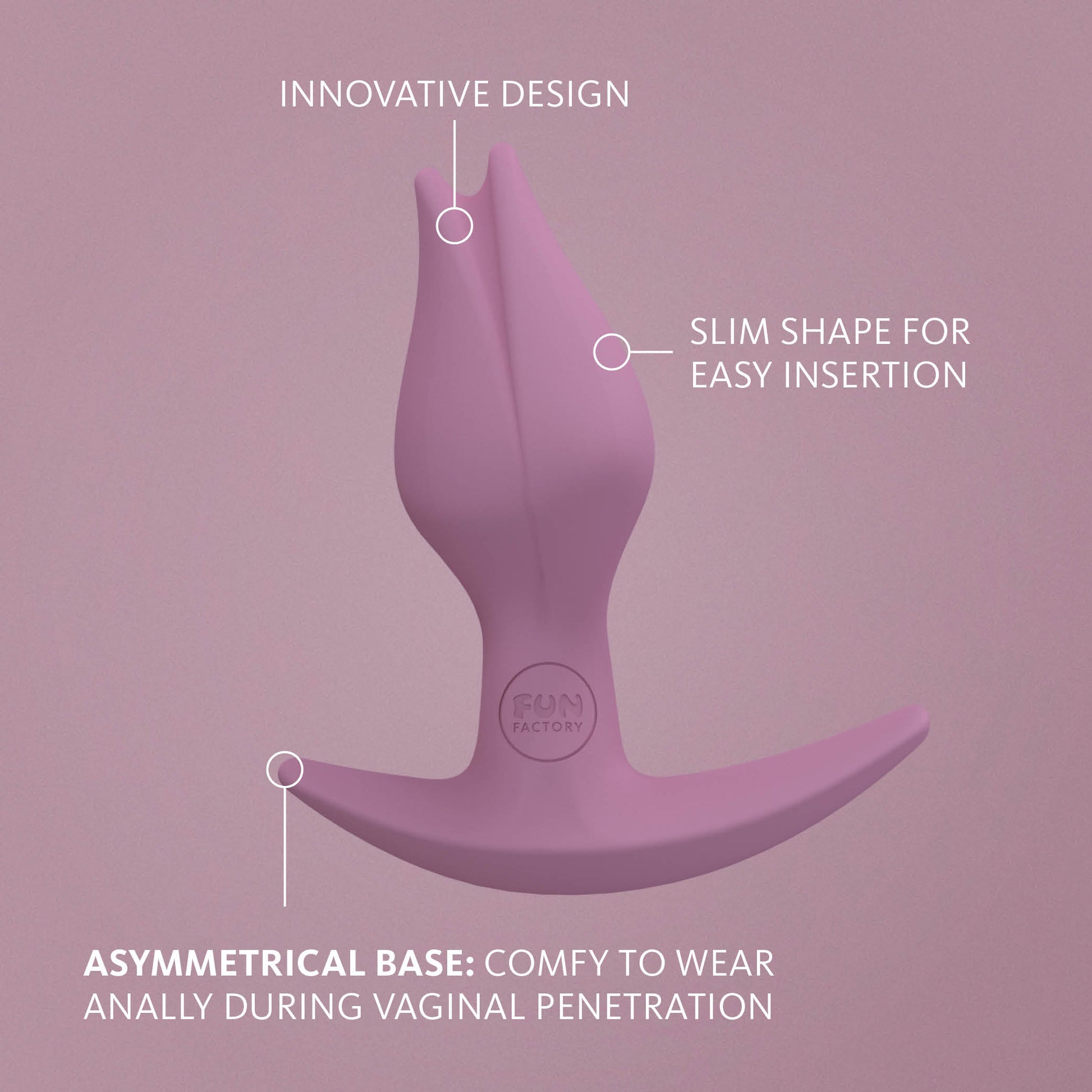 Fun Factory Bootie Fem with text describing the various features superimposed over the toy's design. The text reads: "Innovative Design. Slim shape for easy insertion. Asymmetrical base: Comfy to wear anally during vaginal penetration." | Kinkly Shop