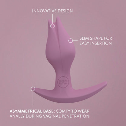Fun Factory Bootie Fem with text describing the various features superimposed over the toy's design. The text reads: "Innovative Design. Slim shape for easy insertion. Asymmetrical base: Comfy to wear anally during vaginal penetration." | Kinkly Shop