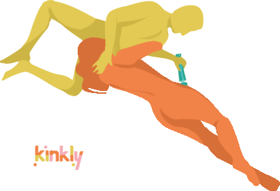 Illustrated Sex Position. A couple is enjoying doggy style while the receiving partner holds the Vibratex Magic Wand Rechargeable between their thighs. | Kinkly Shop