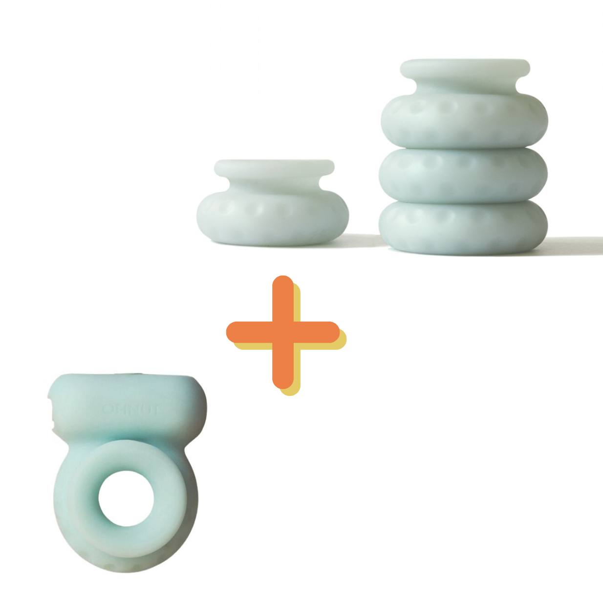 Image has a white background and shows two different product pictures next to a + mark. On the top, it shows the OhNut in Standard size in Light Green and on the bottom of the image is showing the Standard Vibrating Ring in Light Green. This is for the bundle of the two products that can be purchased together. | Kinkly Shop