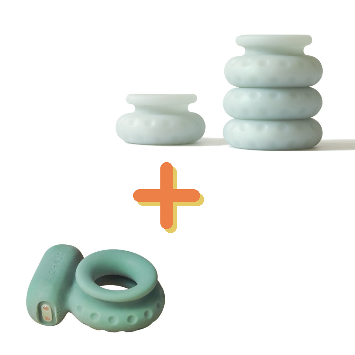 Image has a white background and shows two different product pictures next to a + mark. On the top, it shows the OhNut in Wide size in Light Green and on the bottom of the image is showing the Wide Vibrating Ring in Dark Green. This is for the bundle of the two products that can be purchased together. | Kinkly Shop