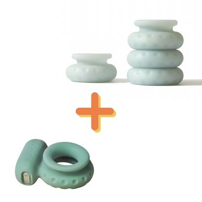 Image has a white background and shows two different product pictures next to a + mark. On the top, it shows the OhNut in Wide size in Light Green and on the bottom of the image is showing the Wide Vibrating Ring in Dark Green. This is for the bundle of the two products that can be purchased together. | Kinkly Shop