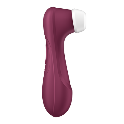 Side view of the Satisfyer Pro 2 - Generation 3. This angle showcases the full plastic body that has a removable, interchangeable silicone tip. The plastic body has a lot of divets and texture changes for easier handling. | Kinkly Shop