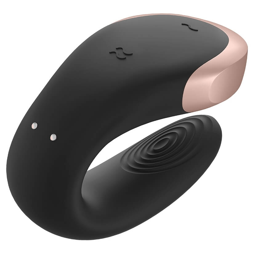 Top-down view of the Satisfyer Double Love. This angle showcases both buttons on the top of the vibrator as well as the two magnetic ports on the side of the vibrator that serve as the magnetic charging port. This angle also showcases the ripple texture on the internal prong of the Satisfyer Double Love. | Kinkly Shop