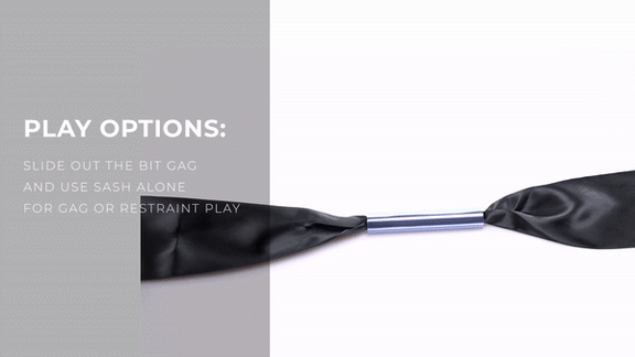 GIF shows someone tying the Silky Bit gag on top of a white, flat surface to show how it works. The words say: "Play Options: Slide out the bit gag and use the sash alone for gag or restraint play." | Kinkly Shop