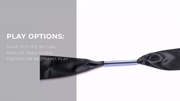 GIF shows someone tying the Silky Bit gag on top of a white, flat surface to show how it works. The words say: "Play Options: Slide out the bit gag and use the sash alone for gag or restraint play." | Kinkly Shop