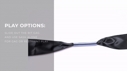 GIF shows someone tying the Silky Bit gag on top of a white, flat surface to show how it works. The words say: "Play Options: Slide out the bit gag and use the sash alone for gag or restraint play." | Kinkly Shop