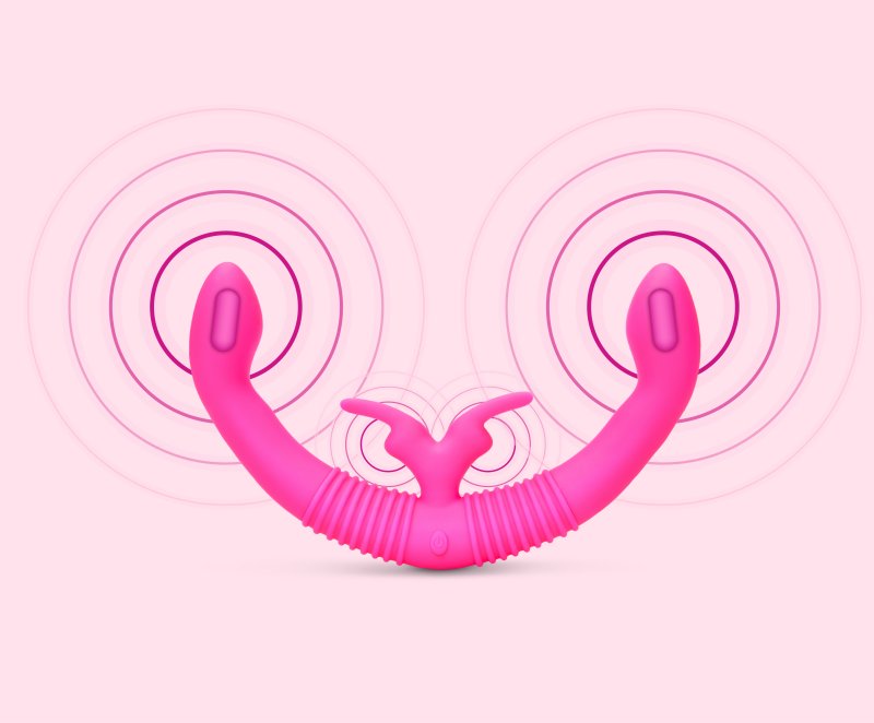 X-Ray image shows the vibration motor locations on the Together Toy Shared Vibrator for Couples. There's one motor in each side of the insertable shafts and one motor that's shared between both flutter vibrators in the middle. | Kinkly Shop
