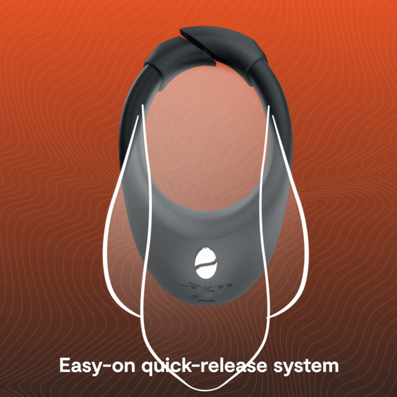 Illustration of the We-Vibe Bond wrapped around a penis and testicles. This shows the intended placement of the ring beneath both the penis and the testicles for optimal pleasure. | Kinkly Shop