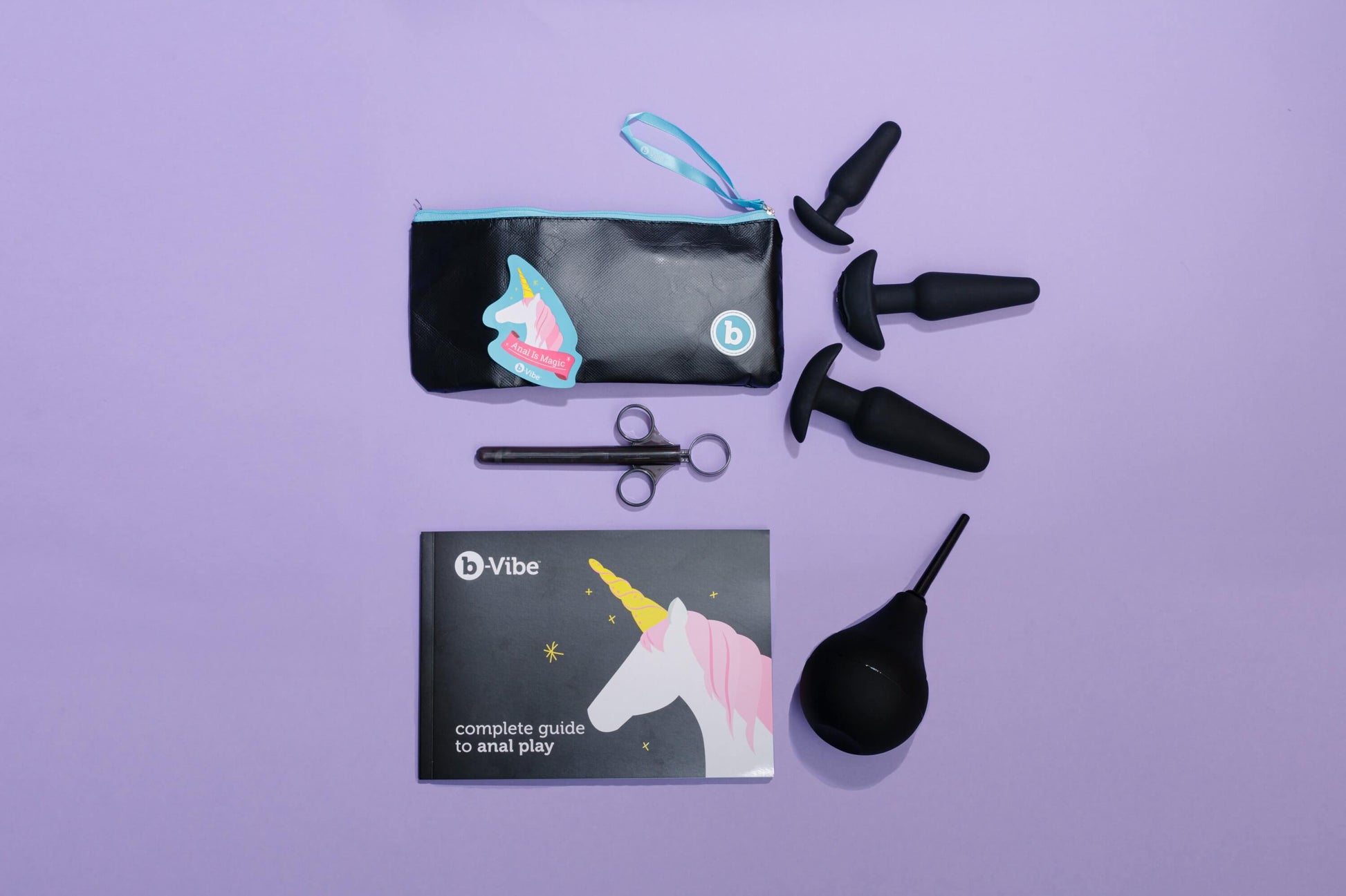 Everything that's included within the b-Vibe Anal Training Kit against a white background. The image shows the small plug, the medium plug, the large plug, the enema bulb, the lube shooter, and the full-color educational booklet. Plus the packaging! | Kinkly Shop