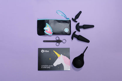 Everything that's included within the b-Vibe Anal Training Kit against a white background. The image shows the small plug, the medium plug, the large plug, the enema bulb, the lube shooter, and the full-color educational booklet. Plus the packaging! | Kinkly Shop