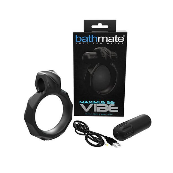 Everything included with the Bathmate Maximus cock ring sitting out next to the packaging it comes in. There's the cock ring itself, the bullet vibrator that goes in the cock ring, and the charging cable for the bullet vibrator. | Kinkly Shop