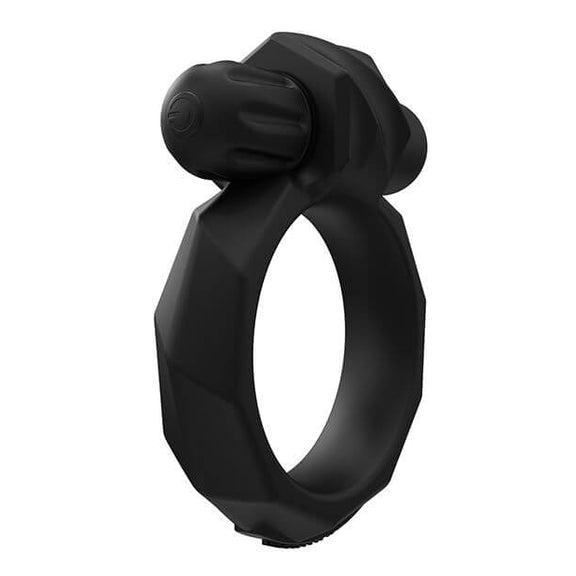 A 3/4ths view of the Bathmate Maximus cock ring. This close-up showcases the angled, diagonal textures found all over the surface of the ring including on the ring itself as well as the bullet vibrator holster. | Kinkly Shop