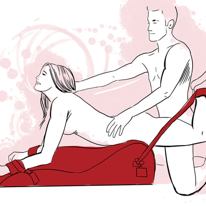 Sex position illustration showing the receptive partner laying over the thickest part of the Liberator Black Label Hipster while their wrists are bound to the thinnest portion of the shape. Their ankles are bound to the Liberator Black Label Hipster also with long tethers. The penetrative partner is behind them and entering them. | Kinkly Shop