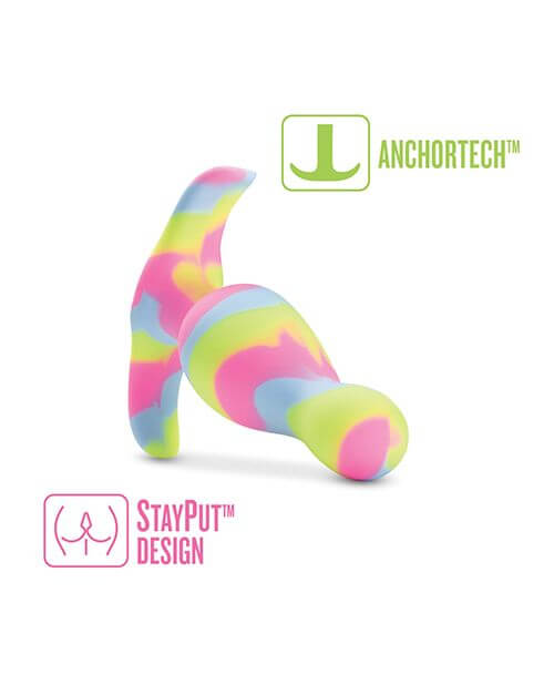 Blush Kaleido Avant Plug in front of a white background. Two illustrated features are promoted. One says "Anchortech" with an image of the smaller retention area. The other says "StayPut Design" with a picture of a butt. | Kinkly Shop