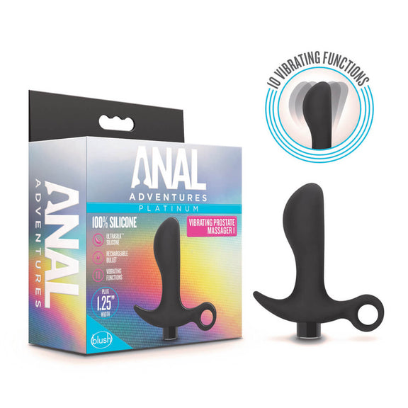 The packaging for the Blush Anal Adventures Vibrating Prostate Massager 01 shown next to the prostate massager. A graphic in the corner of the prostate massager shows the tip of massager. | Kinkly Shop