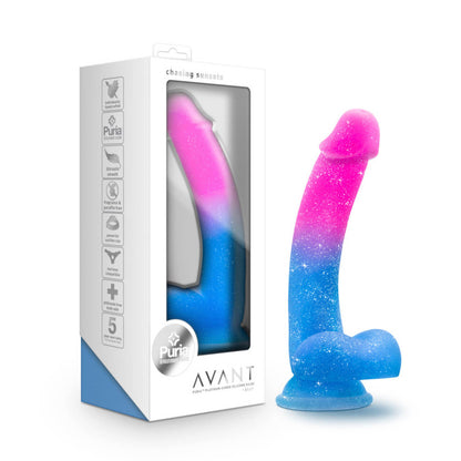 Blush Avant Chasing Sunsets dildo in front of a white background next to the packaging it comes in | Kinkly Shop