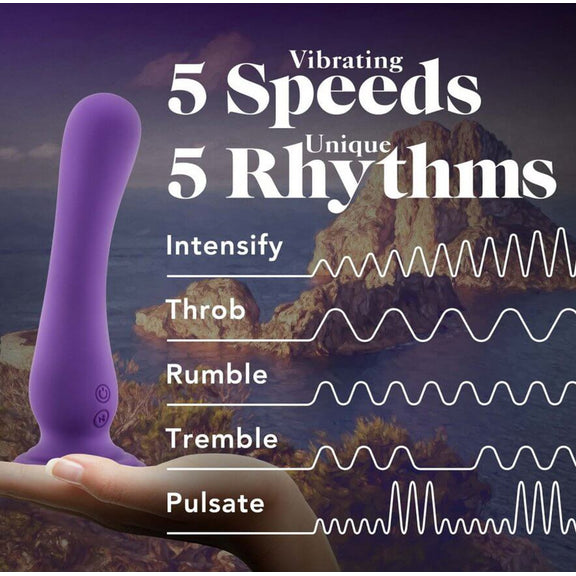 A hand holds up the Blush Impressions Ibiza. The background of the image is a photo of a sea with rocks in it. The text on the image reads "Vibrating 5 Speeds. Unique 5 Rhythms. Intensify. Throb. Rumble. Tremble. Pulsate." There's a wavy line after each one of the five names to visually represent the pattern that the vibrator is equipped with. | Kinkly Shop