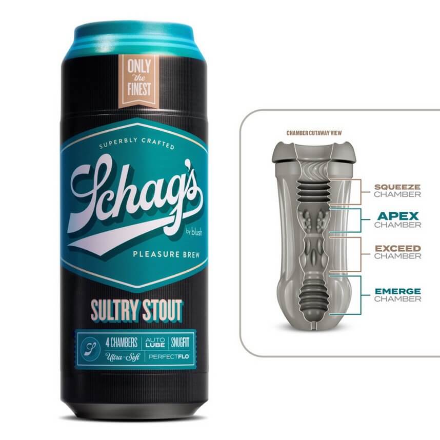 Blush Schag's Beer Stroker in Sultry Stout up against a white background. A dissected cut is shown next to the Sultry Stout which shows the four different chambers inside of the stroker. | Kinkly Shop
