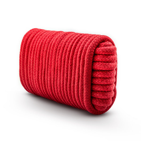 Another view of the Blush Temptasia Bondage Rope in Red shows it wrapped around itself for shipment | Kinkly Shop