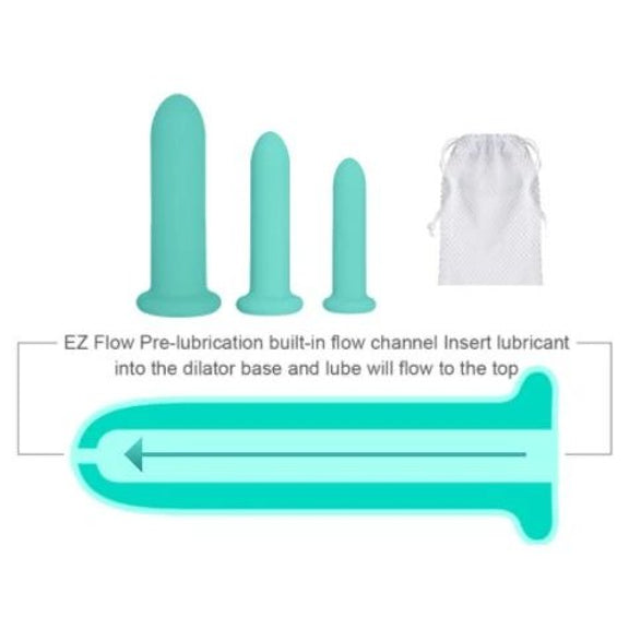Illustrated image of the Cloud 9 Silicone Dilator Kit shows how the inner lube EZ Flow channel works. Text on the image reads "EZ Flow Pre-Lubrication Built-in Flow Channel. Insert lubricant into the dilator base and lube will flow to the top". | Kinkly Shop