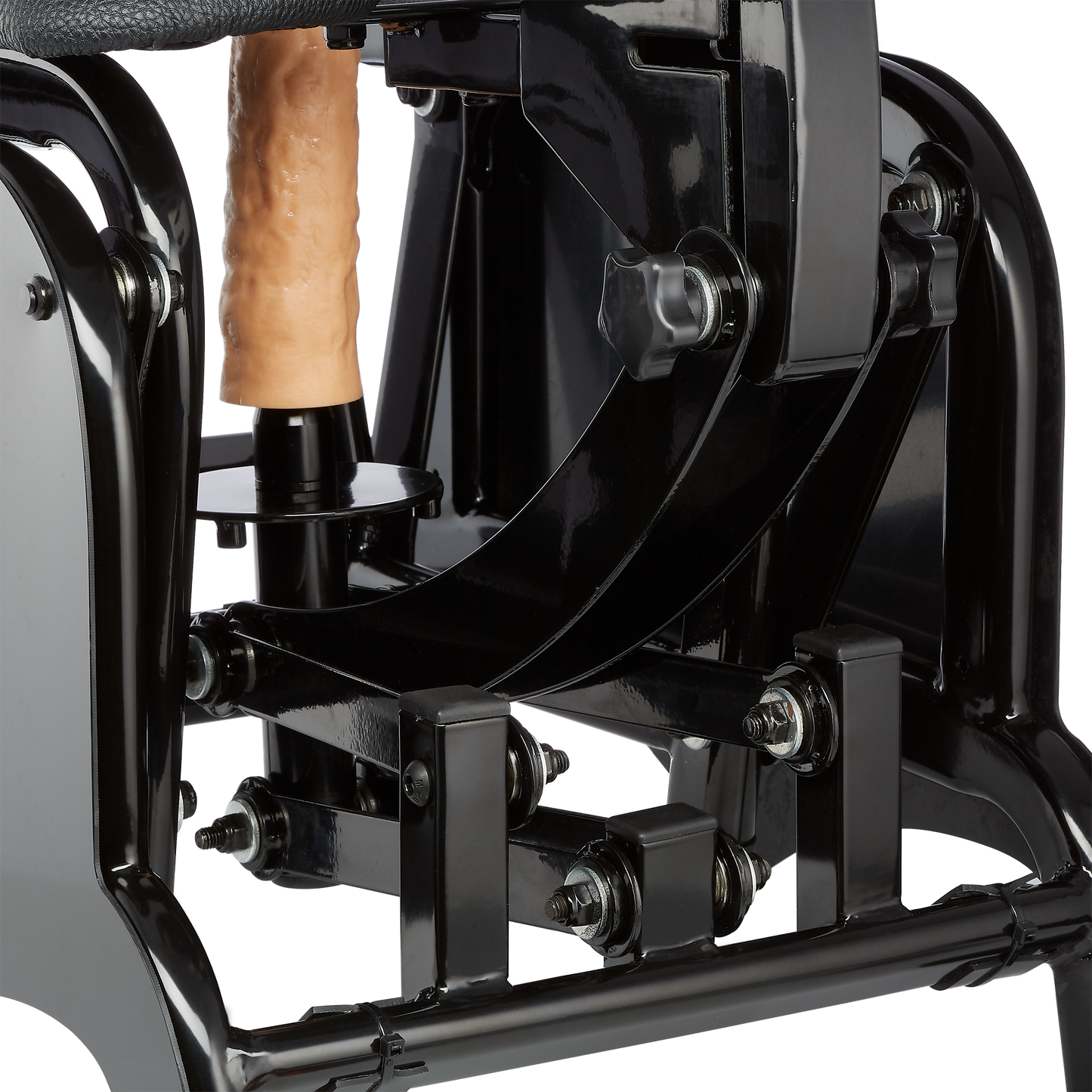 Close-up image of the internal portion of the Cloud 9 F-Slider Pro fucking machine shows the metal build-construction as well as the manual mechanisms that make up this adjustable sex machine | Kinkly Shop
